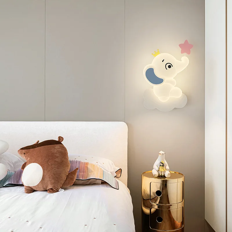 Modern Children\'s Room Wall Lamps LED Cute Elephant Light Warm Romantic Baby Room Nursery Boy Girl Bedroom Bedside Wall Lights