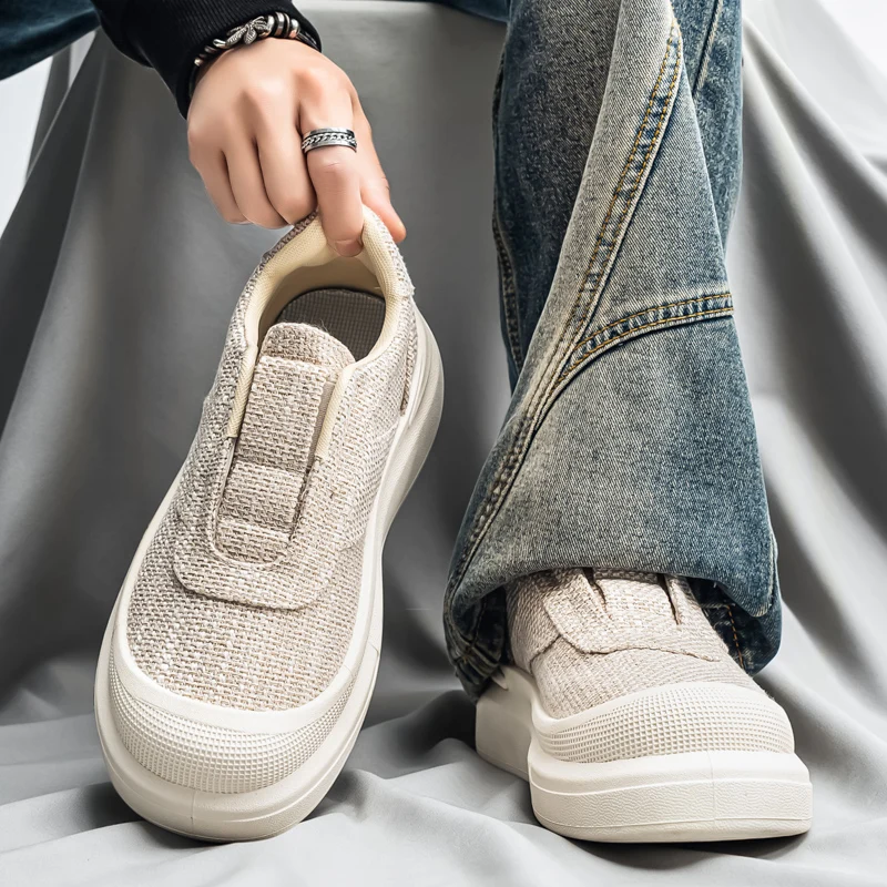 Spring Summer Linen Fabric Slip on Shoes Velcro Design Thick Platform Footwear