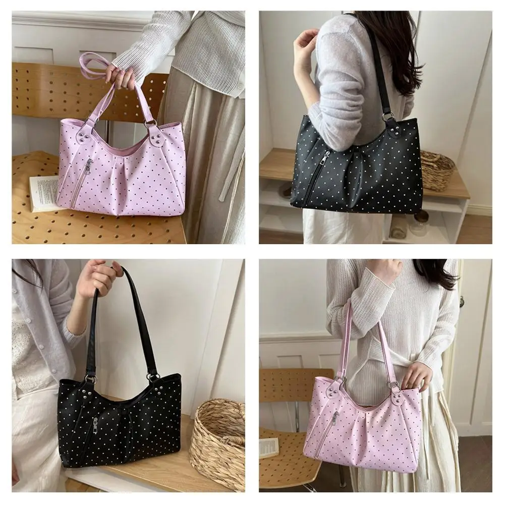 Damen-Umhängetasche, Vintage-Polka-Dot-Design, Pendler-Tragetasche, große Kapazität, PU-Leder-Handtasche, Unterarmtasche für Schule, Büro und den täglichen Gebrauch. – Detail 5