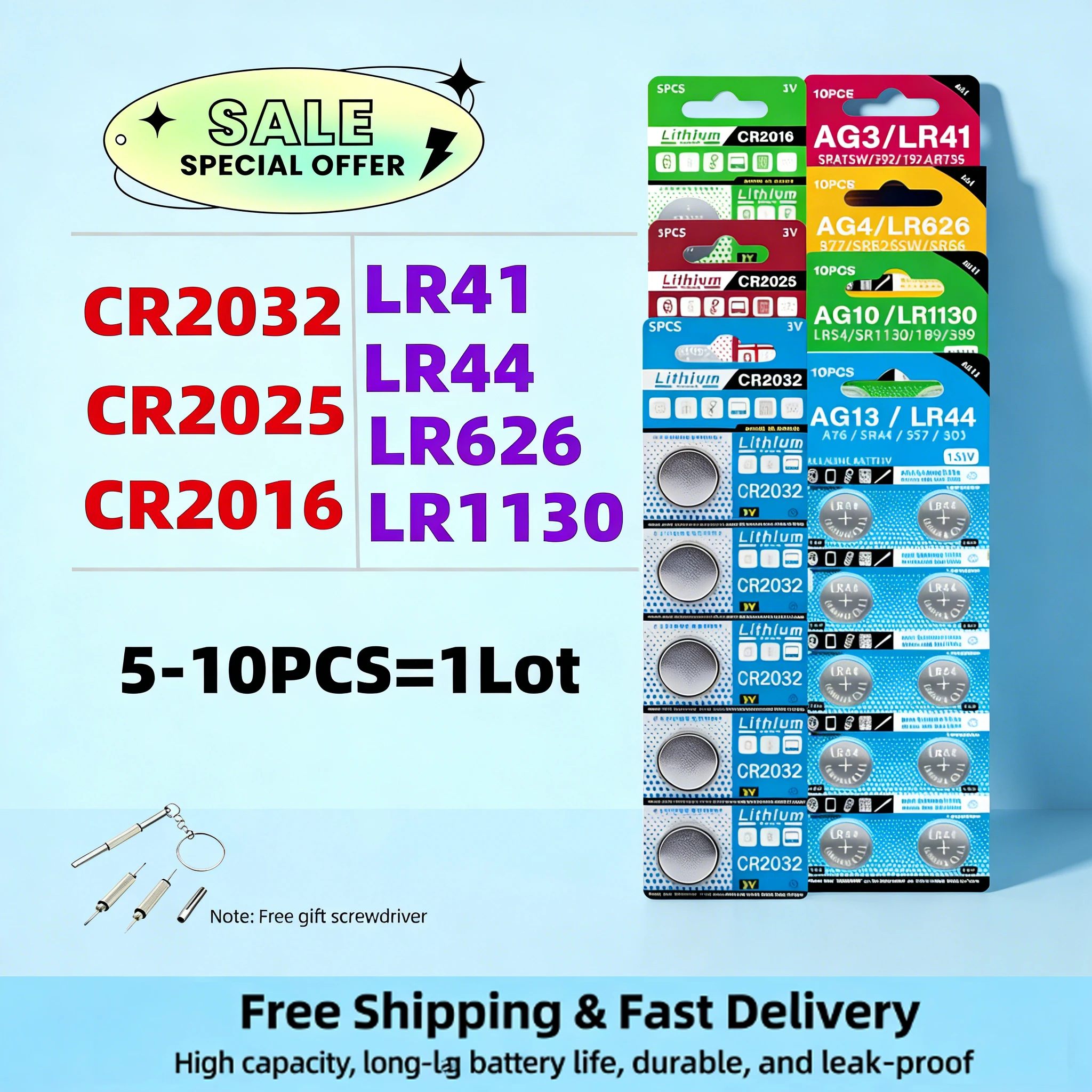 

3V Coin Battery CR2032 CR2025 CR2016 LR44 LR41 LR626 LR1130 Button Cell for Car Key Remote Watch Calculator LED Toy
