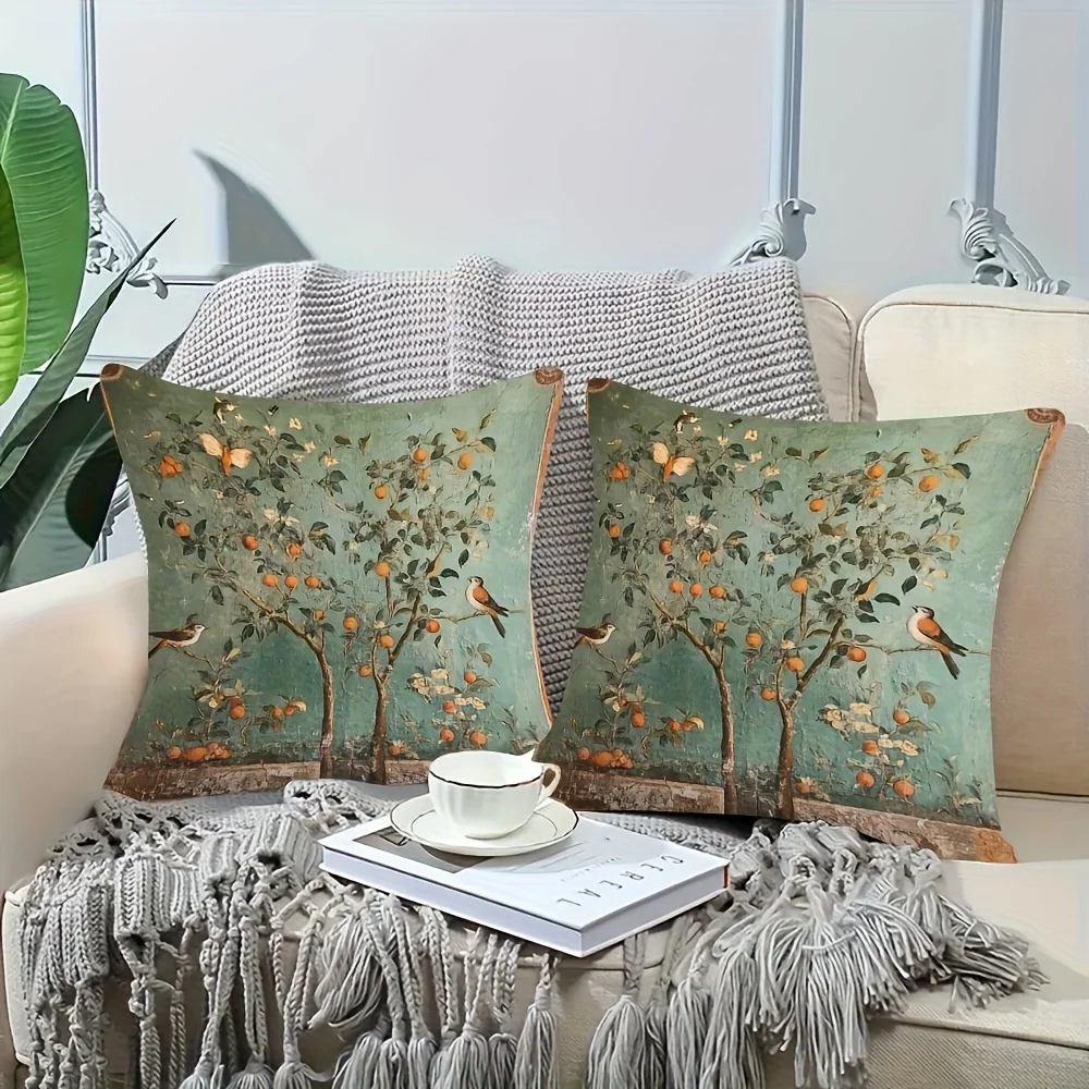 1 Stück Vintage-Kissenbezug mit orangefarbenem Baum- und Vogelmotiv, 2D doppelseitiger Polyester-Kissenbezug, blaugrüner Kissenbezug mit botanischem Dekor, Geschenk für
