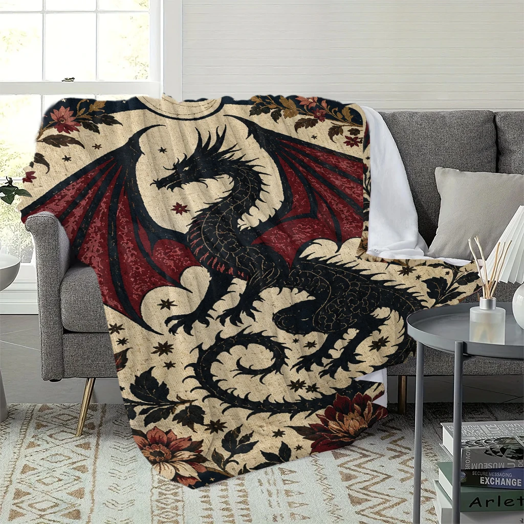 Vintage Gothic Dragon Moon Star Floral Tapestry Blanket Mythical Flying Dragon Wall Hanging Aesthetic Home Decor Polyester Wall