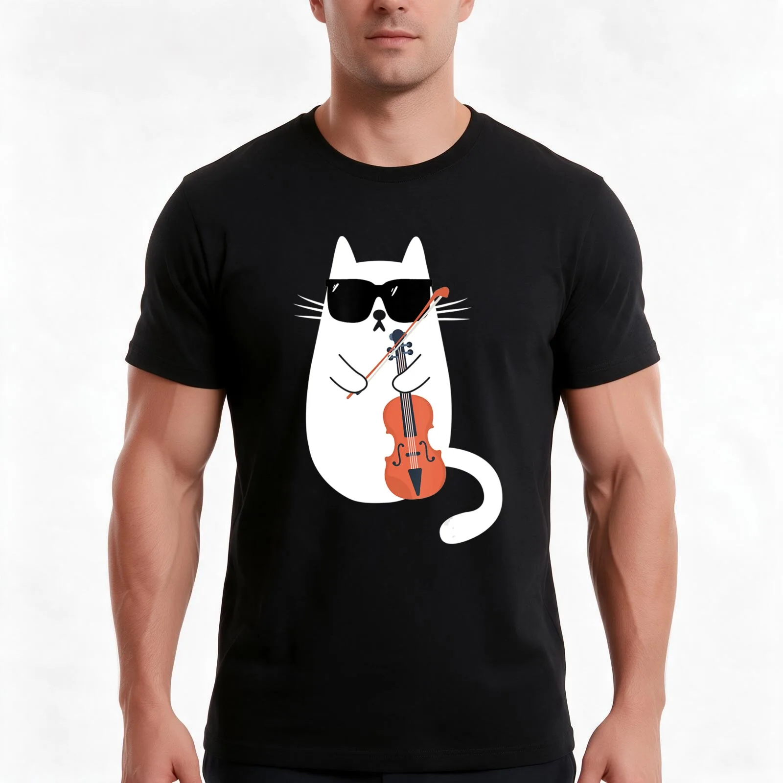 Funny Cat Wearing Sunglasses Playing Violin Viola Musician T-Shirt, Summer Casual Cotton Tee, Oversized Streetwear Tops