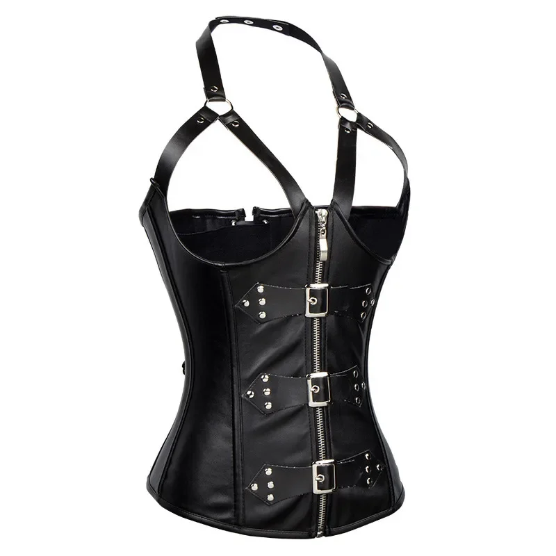 Plus Size Black Faux Leather Open Bust underbust Corselet Zipper Waist Slimming Women Body Shaper Straps Corset