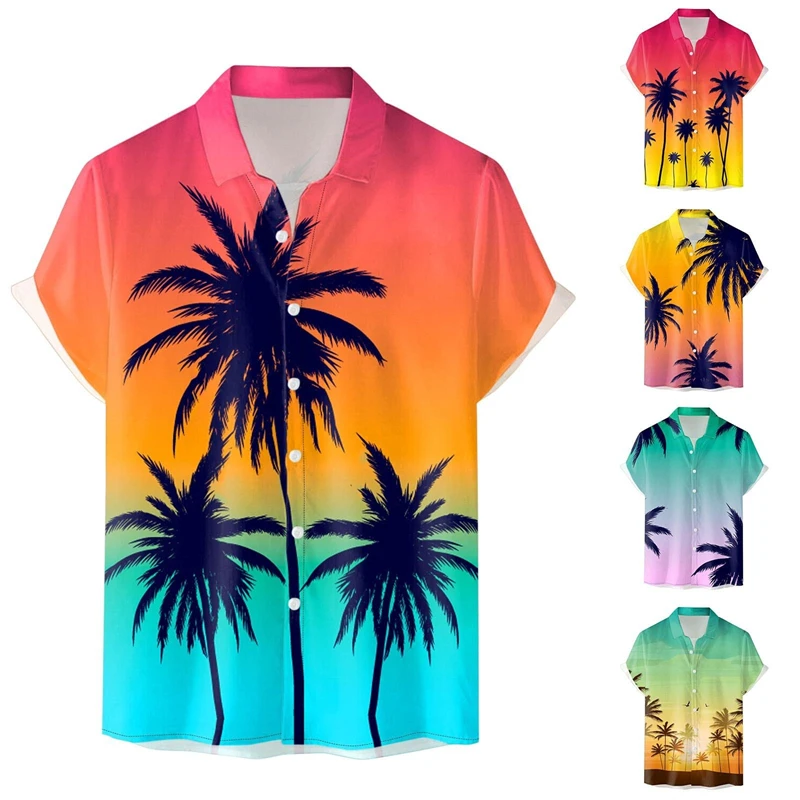 

Hawaiian Tropical Gradient Print Palm Tree Shirt For Men Leisure Travel Holiday Style Loose Fashion Short Sleeve Shirts Tees