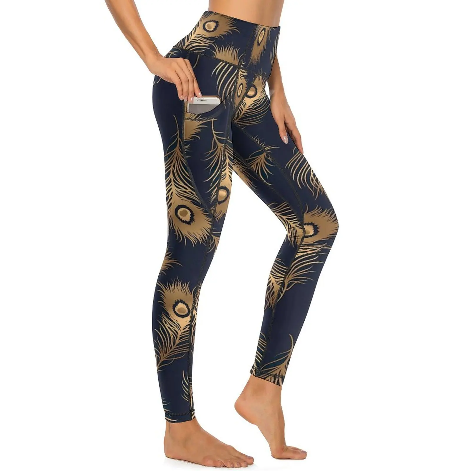 

Peacock Leggings Sexy Golden Animal Feathers Fitness Gym Yoga Pants Push Up Elastic Sports Tights Pockets Fashion Custom Leggins