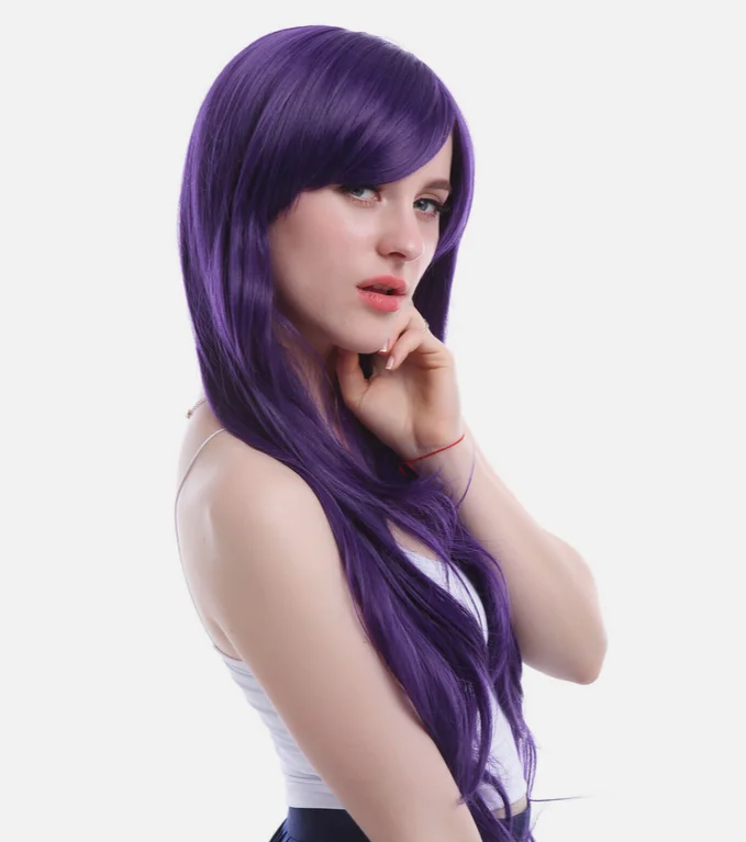 Pelucas de Cosplay moradas de Anime, pelo sintético largo y recto de 80cm para mujer