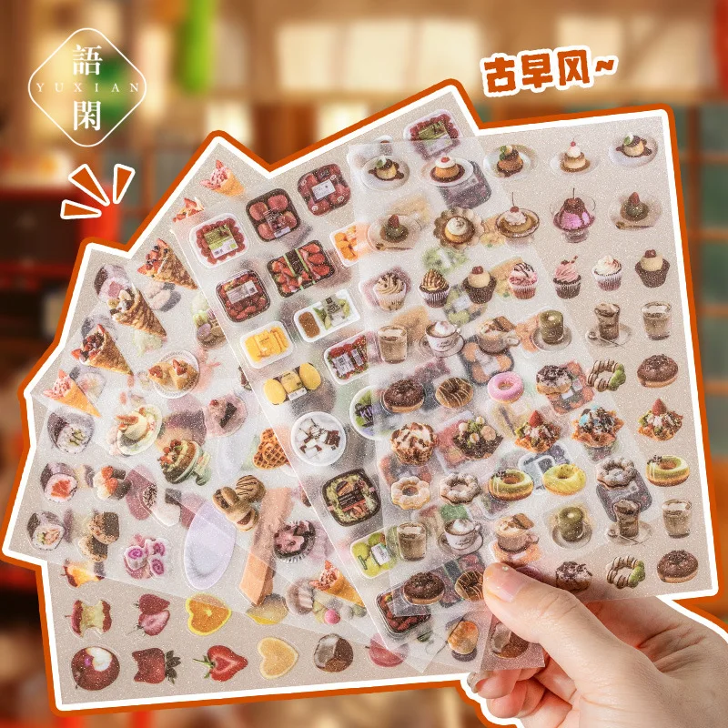 6 Sheets Dessert Cake Clear Stickers For Scrapbook Decoration Retro Foods Bread Cake Coffee Stickers For Daily Life Diary Album