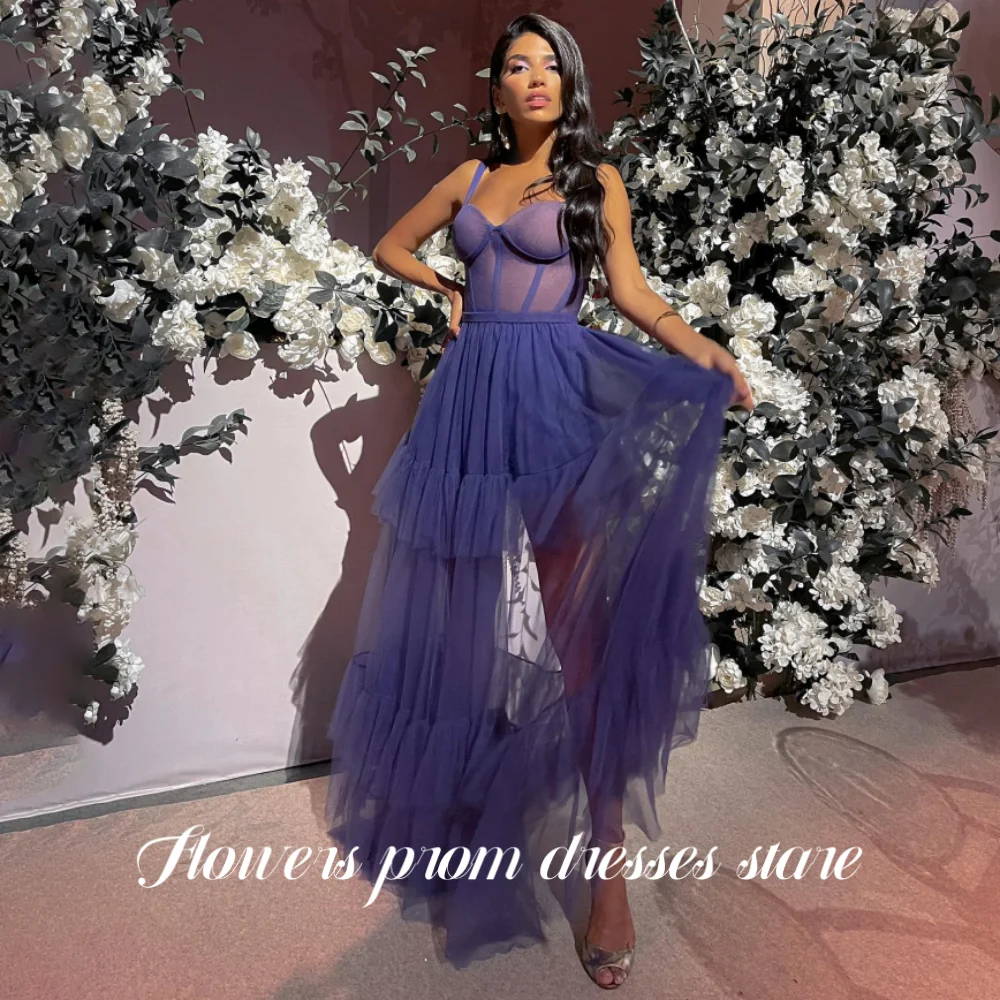 

Flowers Lilac Tulle Evening Dress Spaghetti Strap Prom Dresses A-Line Pleats Party Formal Gown robe de bal for Woman Customized