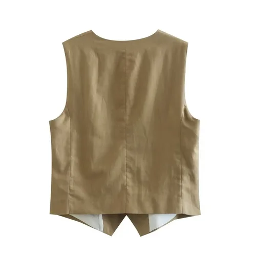 Imagen 2 del producto KEYANKETIAN-Chaleco Corto con cuello en V y textura de lino para mujer, Top sin mangas de un solo pecho, estilo de viaje, Color sólido, fino, novedad de verano