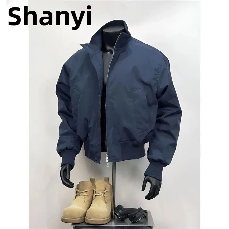 Cleanfit Silhouette Cotton Pilot Jacket in Indigo Blue for Men Winter Short Style Stand Collar Warm Polyester Fiber Casual Wear