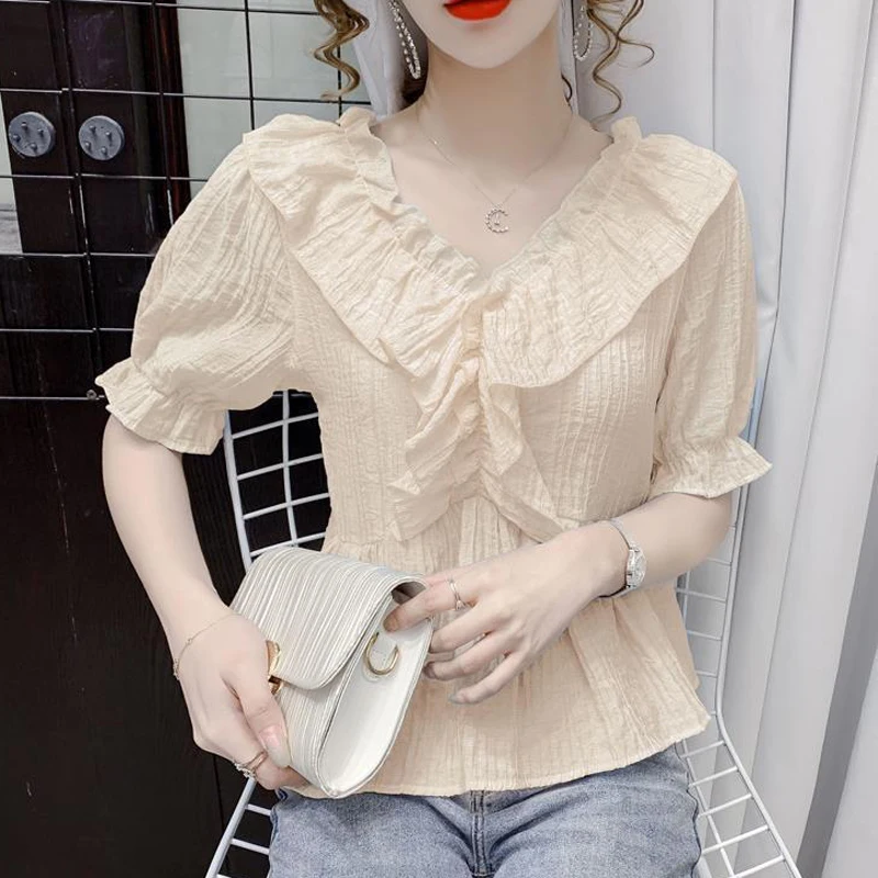 Women\'s Clothing 2024 New Summer Trendy Ruffles Kawaii Sweet Blouse Female V Neck Short Sleeve Slim Shirt Casual Solid Chic Tops