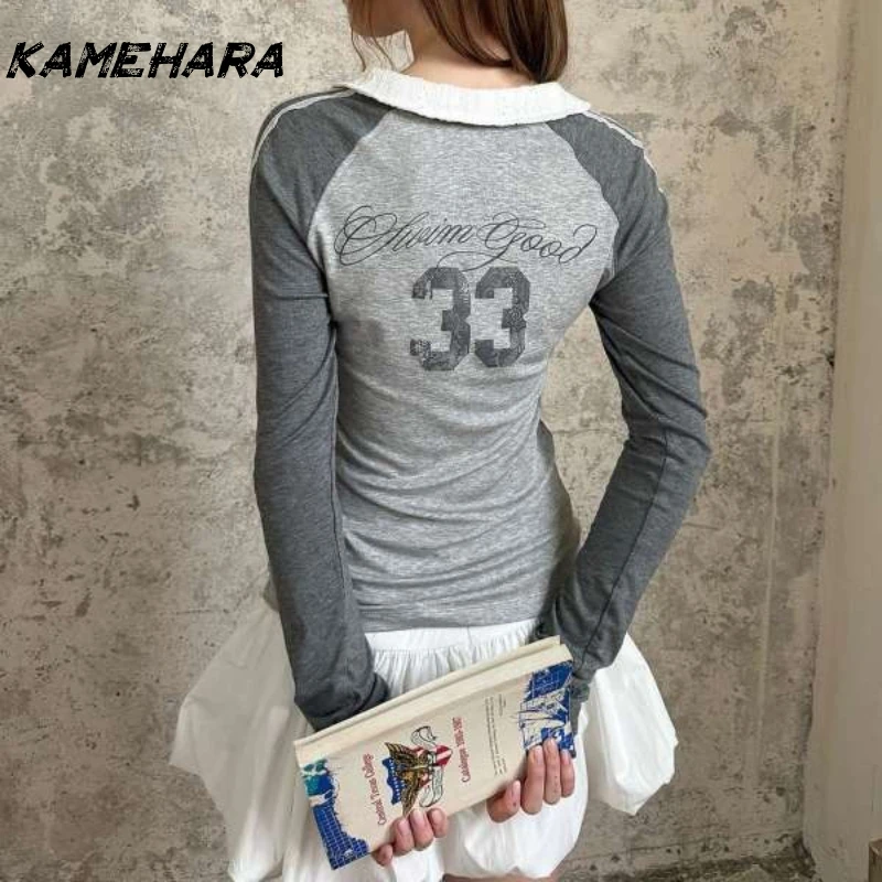 KAMEHARA تي شيرت رياضي عتيق للسيدات Y2k أنيق رمادي كوكيت علوي نمط Preppy Blokecore ريترو كم طويل تي شيرت جمالي