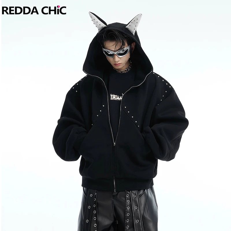 

REDDACHiC Men's Full-zip Hoodie Studded Detail Cleanfit Bib Pockets Loose Casual Horn Hooded Sweatshirt Skater Hiphop Streetwear