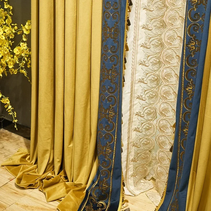 

Royal Blue Gold Villa Splicing Shading Solid Color Thickened High-grade European Style Curtains for Living Dining Room Bedroom