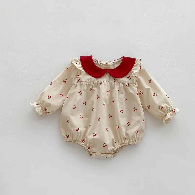 

Cute Baby Girl Romper 0-24Months Newborn Princess Long Sleeve Peter Pan Collar Cherry Print Cotton Bodysuit One-Pieces Clothes