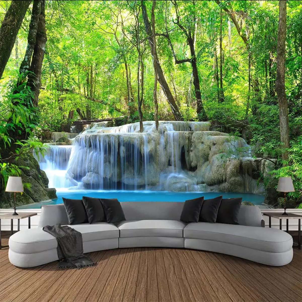 Waterfall Tapestry Nature Stone River Forest Scenery Theme Print Landscape Jungle Wall Hanging for Living Room Party Beach