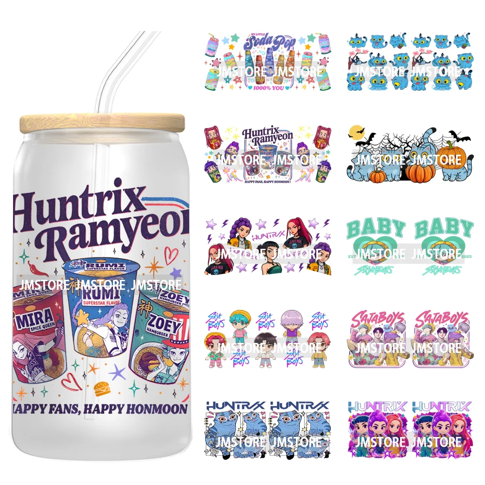 Kpop Demon Boy Band Soda Pop Hunter Girls 16OZ UV DTF Cup Wraps listo para aplicar pegatinas de transferencia impermeables para lata de vidrio Libbey