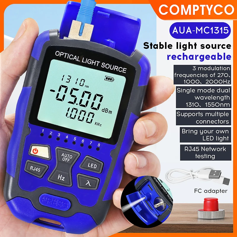 

COMPTYCO AUA-MC1315 Перезаряжаемый оптический источник света Mini OLS, инструмент для тестирования оптоволокна, 1310 нм/1550 нм, стабильный источник света для оптоволокна
