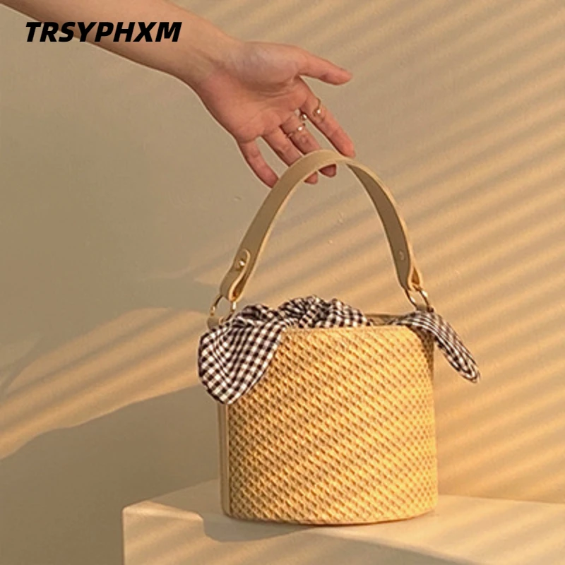 TRSYPHXM 2025 New Bow Grid Water Bucket Straw Bag Fashionable and Versatile Single Shoulder Cross Straw Handheld Women's Bag