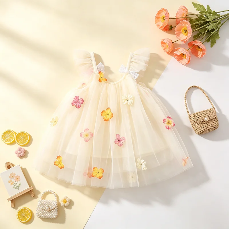 Toddler Girl Sleeveless Mesh Tutu Dress Colorful Flowers Children Sweet Bow Summer Birthday Party Evening Dresses Newborn Outfit