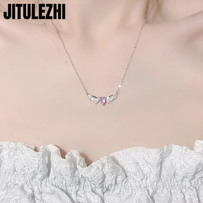 925 Sterling Silver Necklace Pendant For Women Jewelry Pink Gemstone Love Necklace Luxury Angel Heart Collar Chain Commuter Zir