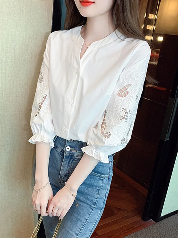 SMTHMA 2024 New Fashion Summer Embroidered Hollow Out Cotton Shirt For Women Sweet Design Stand Neck Top