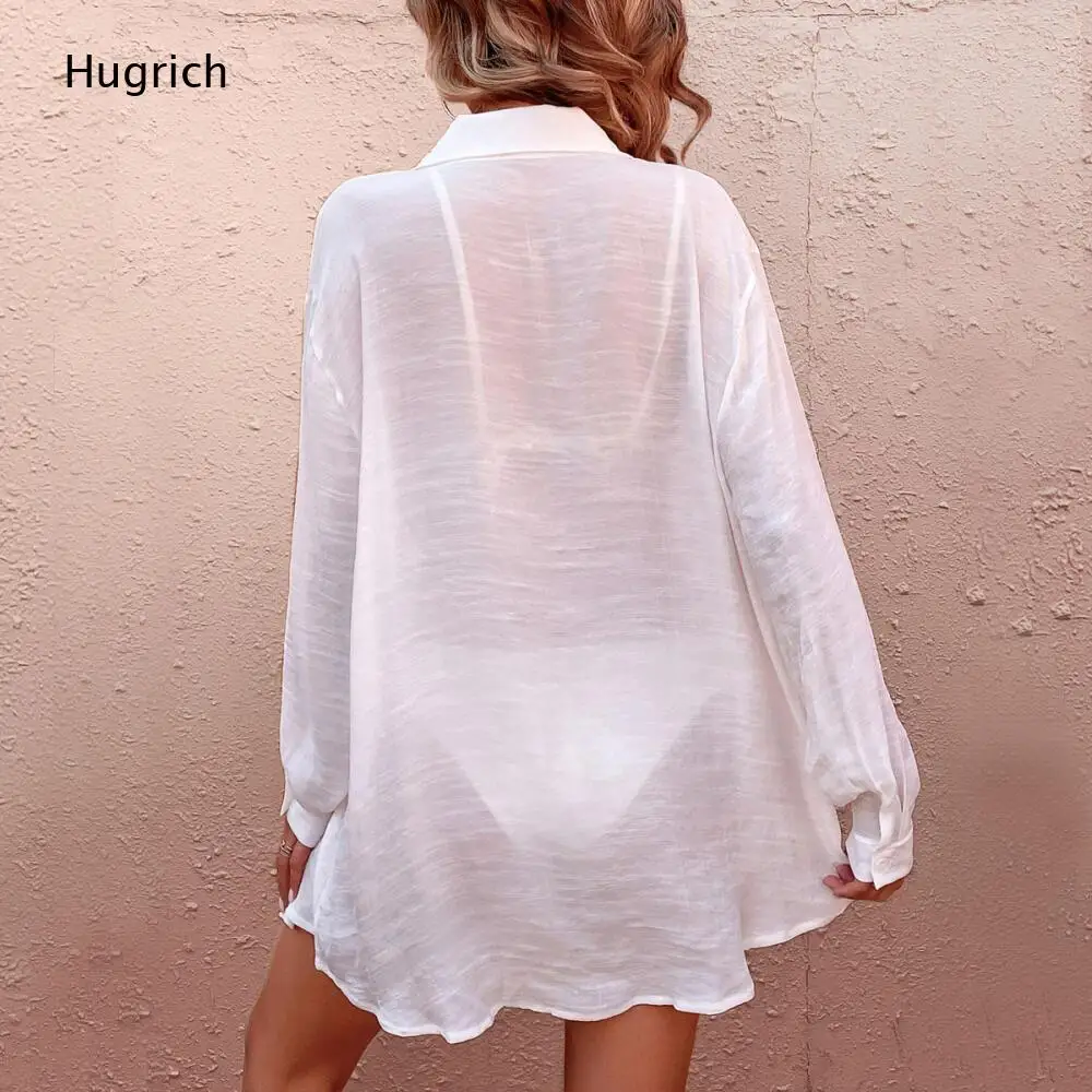 Solid White Textured Oversized Shirt Cover Up Collared Long Sleeve Chest Pocket Button Front Loose Beach Swim Outer Tunic