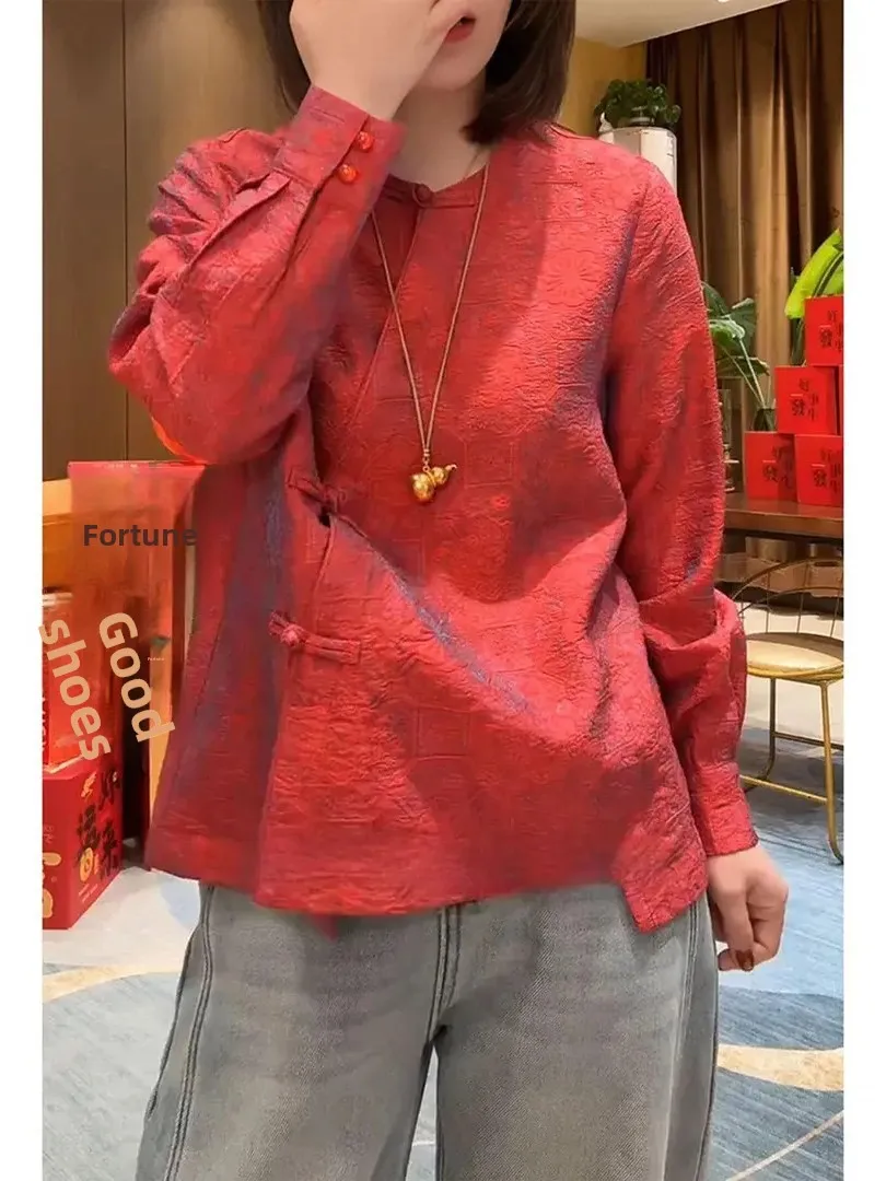 

Red Long Sleeve Chinese Style Women's Shirt Korean Version Autumn Winter Slant Lapel Button Split Versatile Fashionable Anti-...