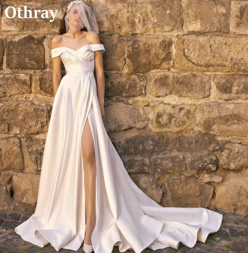 Otrray-vestidos De novia clásicos De satén con hombros descubiertos, traje De novia Formal con pliegues y abertura frontal, 2025