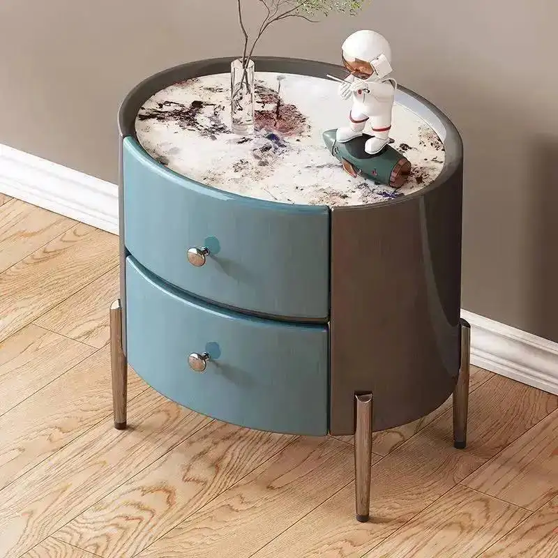 Luxury Cabinet Italian Light Wood Bedroom Bedside Storage Solid Bedside Rock Plate Tables Oval Home Living Room Storage Cabinets