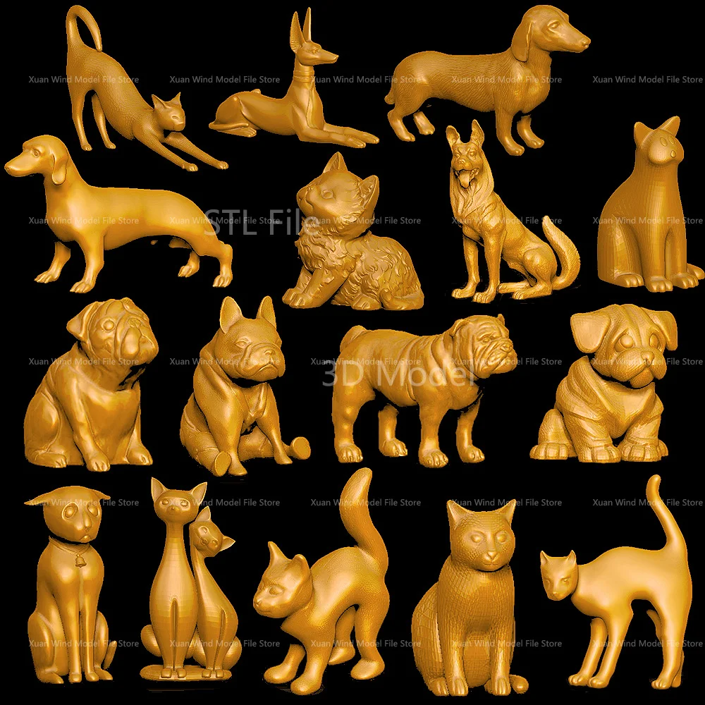 16pcs Cat and Dog 3D carved animal sculpture 3d model for cnc machine in STL file format Wolfhound dog