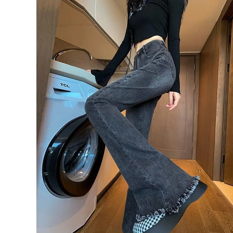 

Облегающие джинсы-колокольчики с высокой талией, женские осенние новые хлопковые эластичные джинсовые брюки, легкие длинные брюки до щиколотки с потертостями