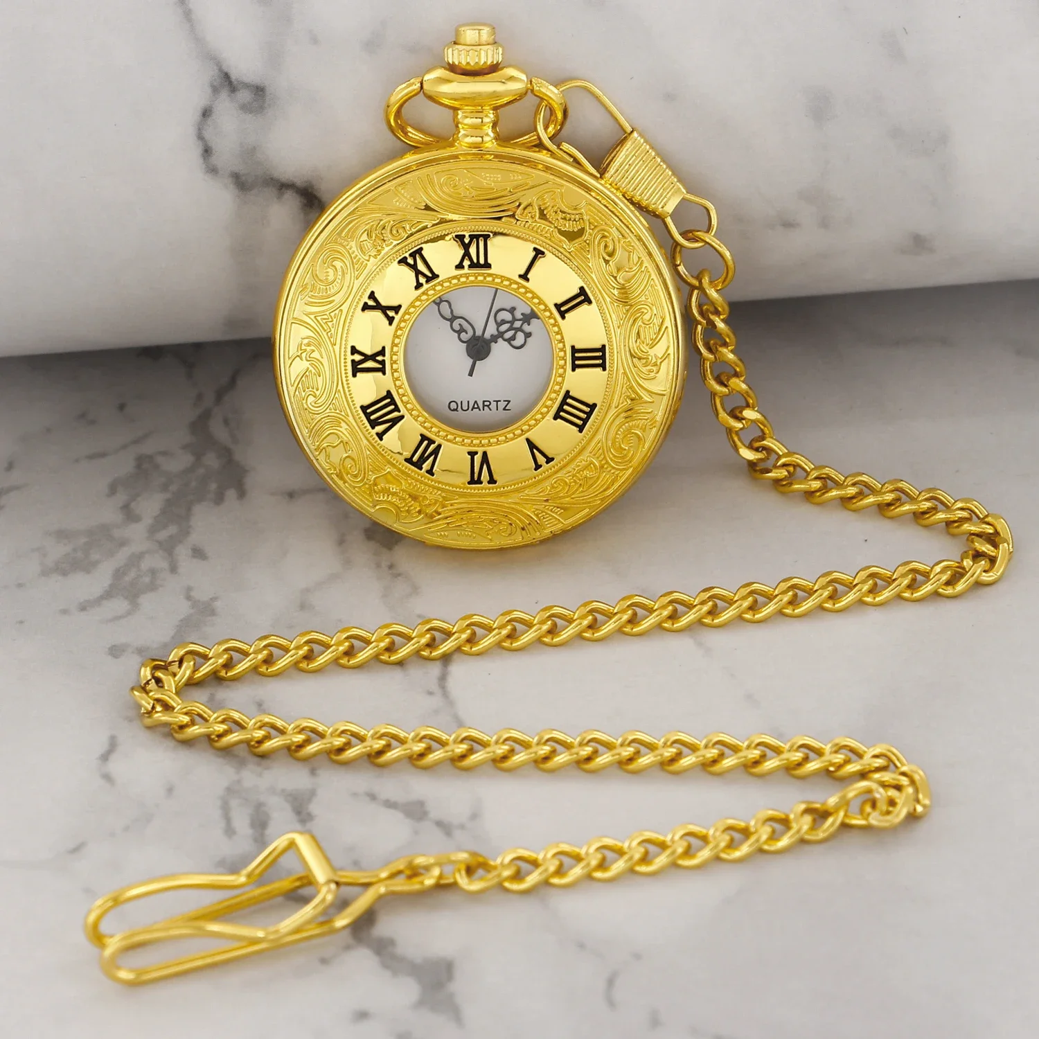 Reloj de bolsillo de cuarzo dorado de lujo para hombres y mujeres, reloj con funda de números romanos huecos, collar Vintage, los mejores regalos