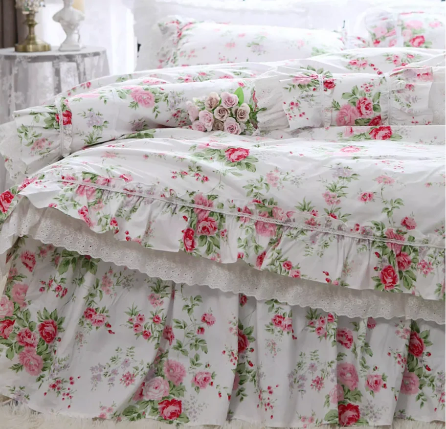 Flowers Print Princess Lace Bedding Set Luxury Egyptian Cotton Bed Set American Style Pastoral Duvet Cover Bed Skirt Pillowcases