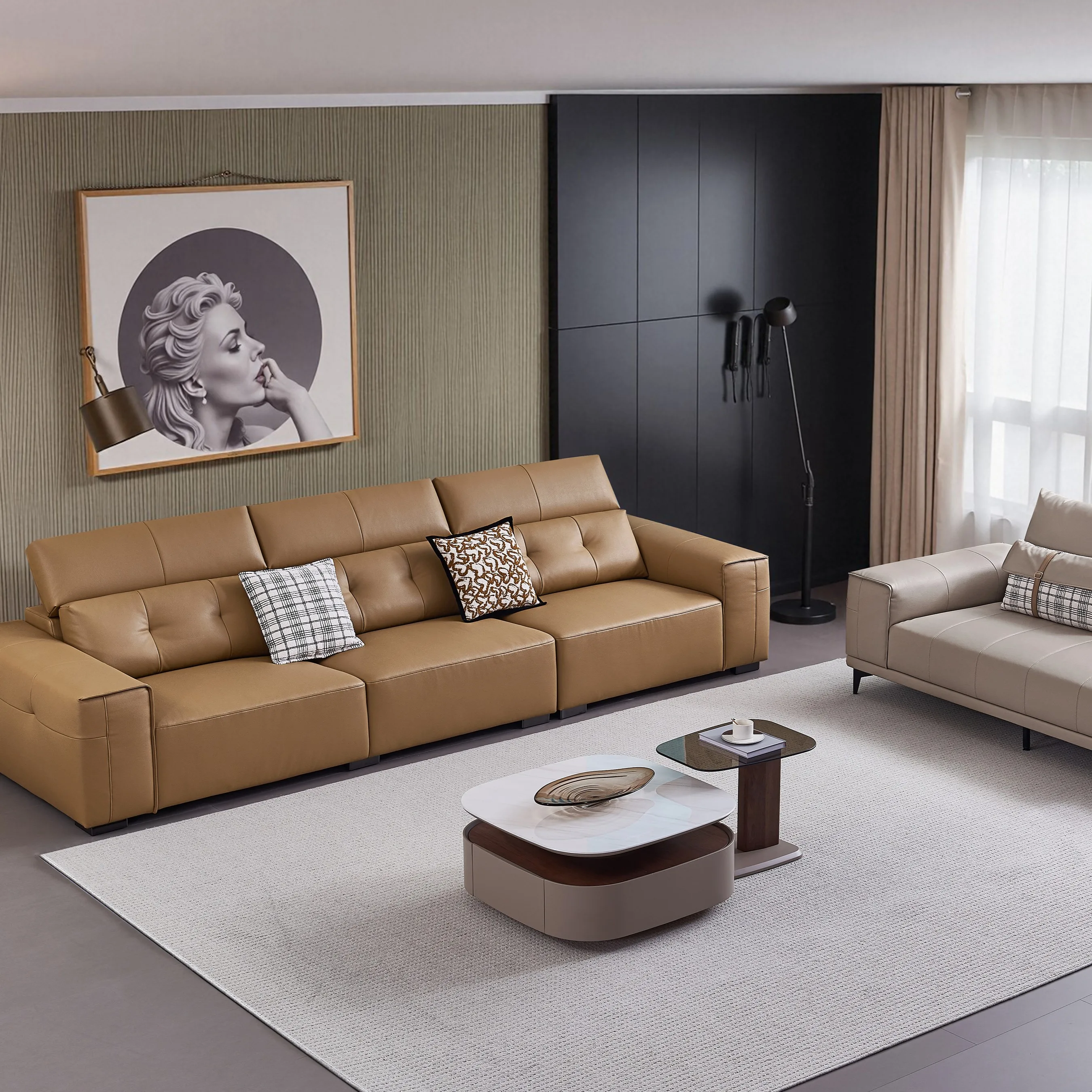 &Modern Orange Luxury Square Sectional Convertible Modular Sofa Set Genuine Leather Faux Leather Sponge Comfortable Design Villa