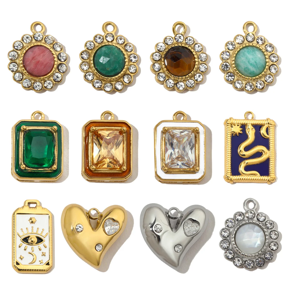 3 teile/los Französisch Geometrische Auge Edelstahl Halskette Anhänger Frauen Herz Schlange Diy Charme Naturstein Blume Schmuck
