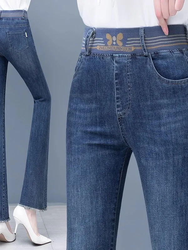 

Джинсы-клеш с высокой талией на флисовой подкладке для женщин, облегающие, повседневные, с эффектом постоянной температуры, весна-осень-зима, новинка