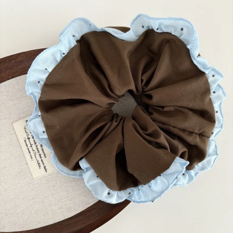 Super beautiful brown and blue color-blocked scrunchie with lace trim, large size hair tie for ponytail, hair accessory. view 5