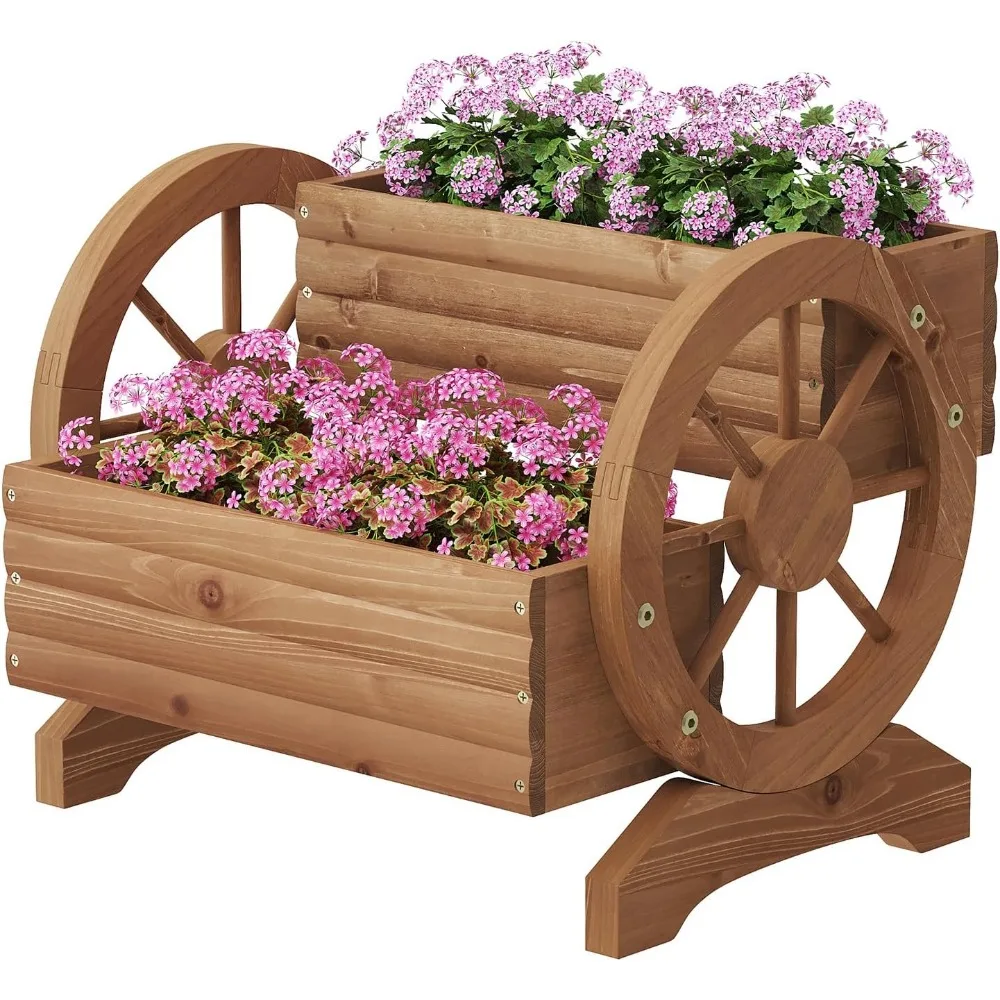 

Wooden Flower Cart with Wheels Wooden Wagon Planter Outdoor Garden Planter, Decor Planter for Patio Balcony Decoration Succulent