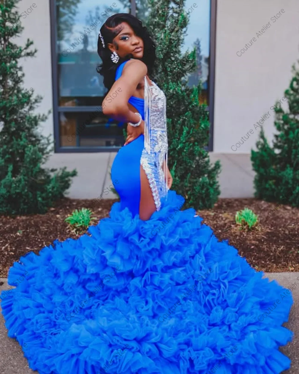 Abito da ballo a sirena con perline di cristallo increspate in tulle blu royal, per San Valentino, abito da compleanno, abito da cocktail per ragazza nera personalizzato