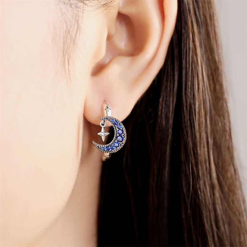 Real 925 Sterling Silver Hoop Earrings Moon Star Earrings For Women Engagement Wedding Party Birthday Gift Silver Jewelry