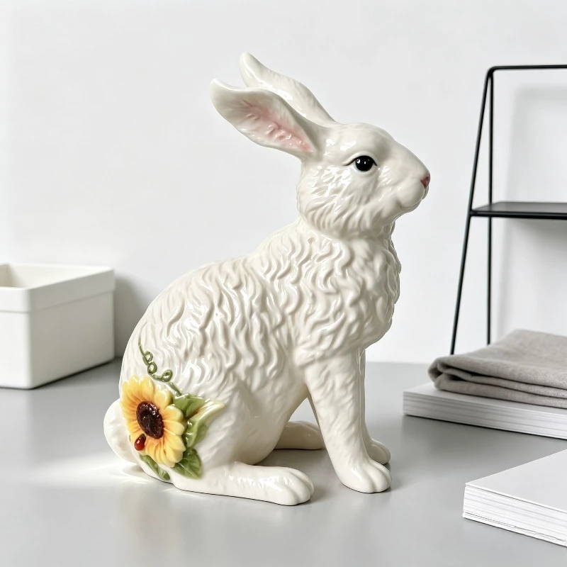 Easter Sunflower Bunny Ceramic Figurine, Cute Rabbit Ornament Home Decor Gift for Spring, Pretty Holiday Centerpiece Box.
