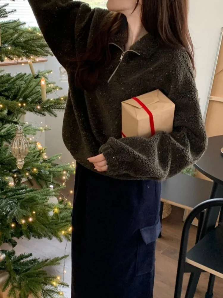 أنيقة الخريف الشتاء الحلو مكافحة الشيخوخة التلبيب f البريدي مختلط اللون فضفاض طويل Sve لامب الفراء البلوز عادية تخفيف Sle