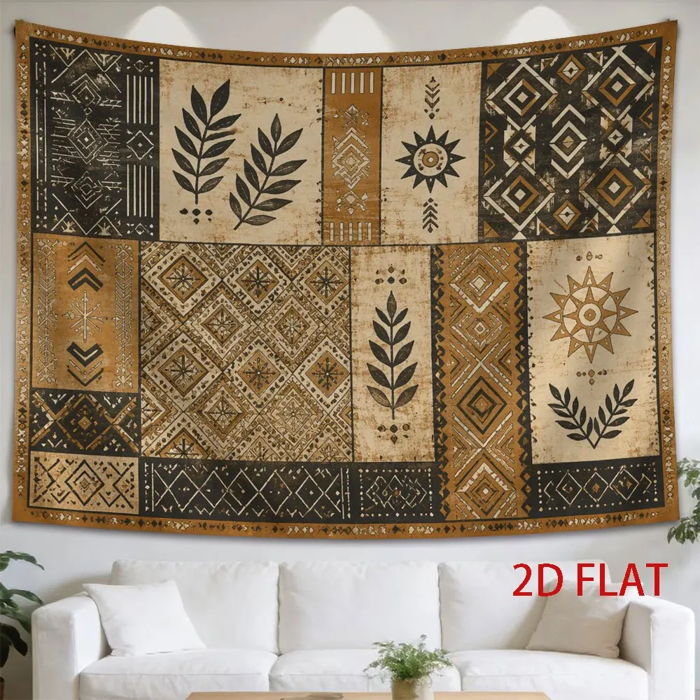 Vintage Tribal Patchwork Tapestry, Geometric Sun Leaf Pattern, Boho Ethnic Wall Hanging for Bedroom Dorm Home Decorations