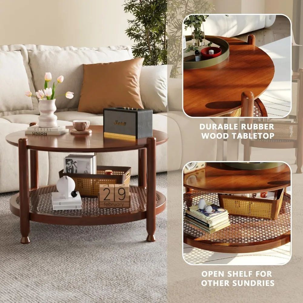 32" Round Coffee Table for Living Room, 2-Tier Rustic Wood Center Table for Home Decor with Boho Woven Rattan Storage Shelf | M