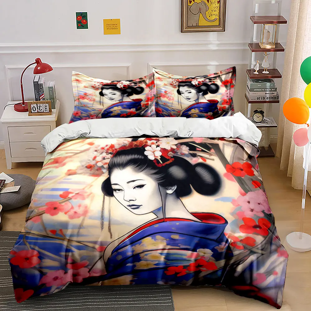 Watercolor Japanese Geisha Plum Cherry Blossom Kimono Bedding Set,Vintage Oriental Lady Floral Print 1 Duvet Cover 2 Pillowcase