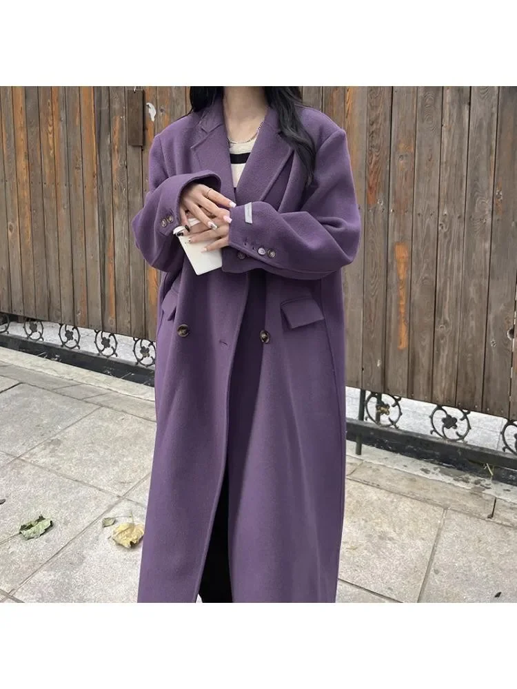 2022 Winter Double Breasted Long Handmade 100% Wool Coat Women Korean Style High End Suit Collar Loose Woolen Jacket Overcoat