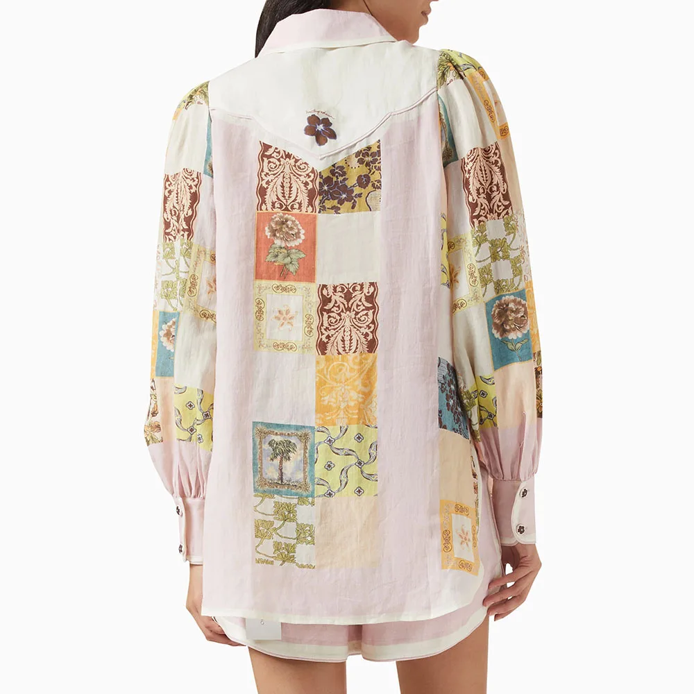 TWOTWINSTYLE, conjuntos de dos piezas con estampado de colores para mujer, solapa, manga larga, retazos, Top de una botonadura, pantalones cortos, conjunto femenino nuevo