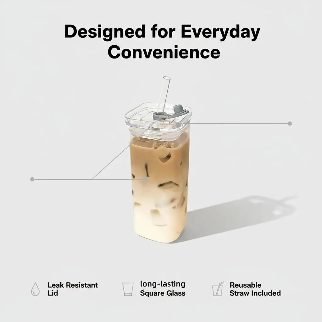1 Stück quadratische hitzebeständige Kaffeeglastasse mit Deckel und Strohhalm, hitzebeständige Glastasse für Milchtee, Saft, Eiskaffee und Smoothie – Detail 3